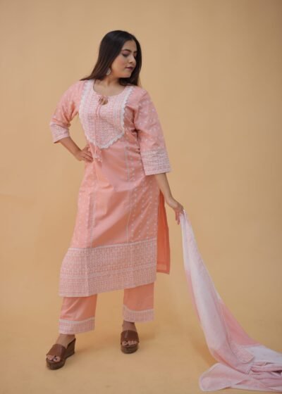Peach Exquisite Cotton Cambric & Maslin Digital Print Kurti Set
