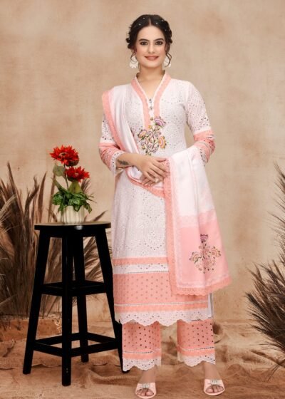 Peach White Exquisite Cotton Cambric & Maslin Digital Print Kurti Set