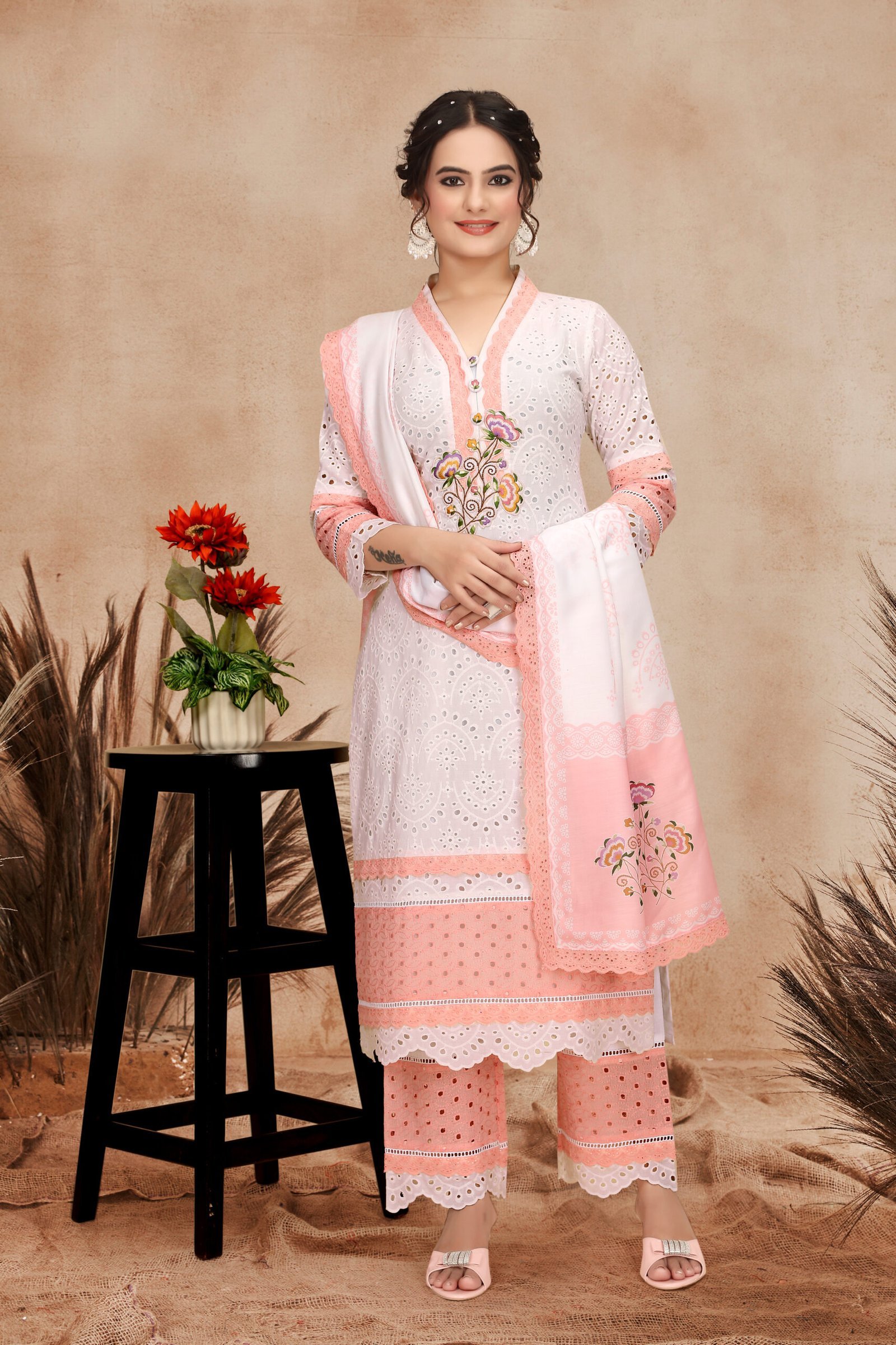 108_PEACH_WHITE-1-2-scaled-1.jpg Peach White Exquisite Cotton Cambric & Maslin Digital Print Kurti Set