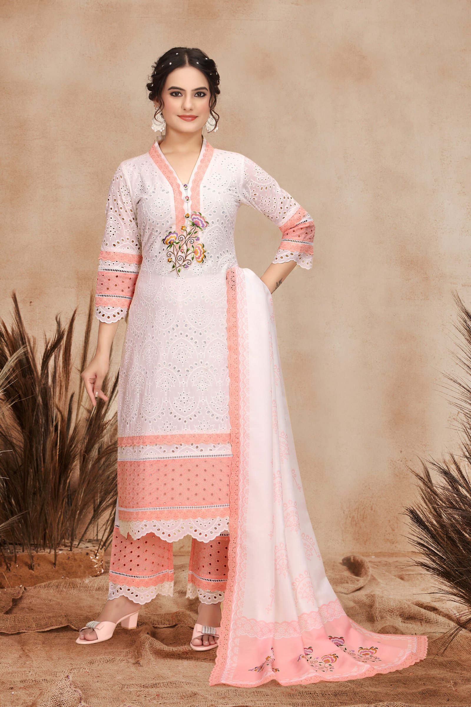 108_PEACH_WHITE-2-scaled-1.jpg Peach White Exquisite Cotton Cambric & Maslin Digital Print Kurti Set - Image 2