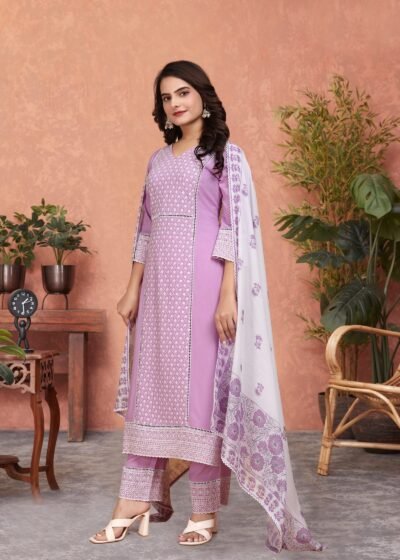 Pink Eva Elegant Viscose Rayon Kurti Set with Shiffli Lace and Digital Print Dupatta (Copy)