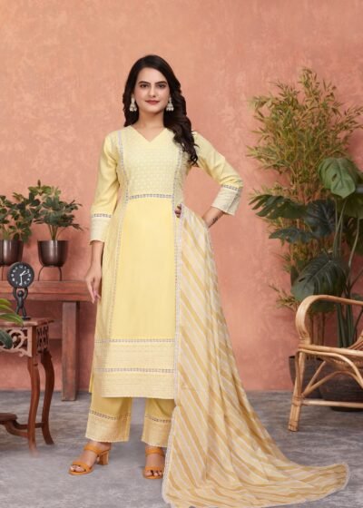 Yellow Eva Elegant Viscose Rayon Kurti Set with Shiffli Lace and Digital Print Dupatta