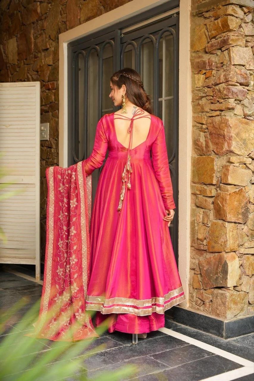 14446432-6bae-400b-a958-5f1d4aa654cc.jpg Pink Premium Vichitra Blooming Designer Gown with Dupatta – Zari & Sequins Embroidery - Image 4