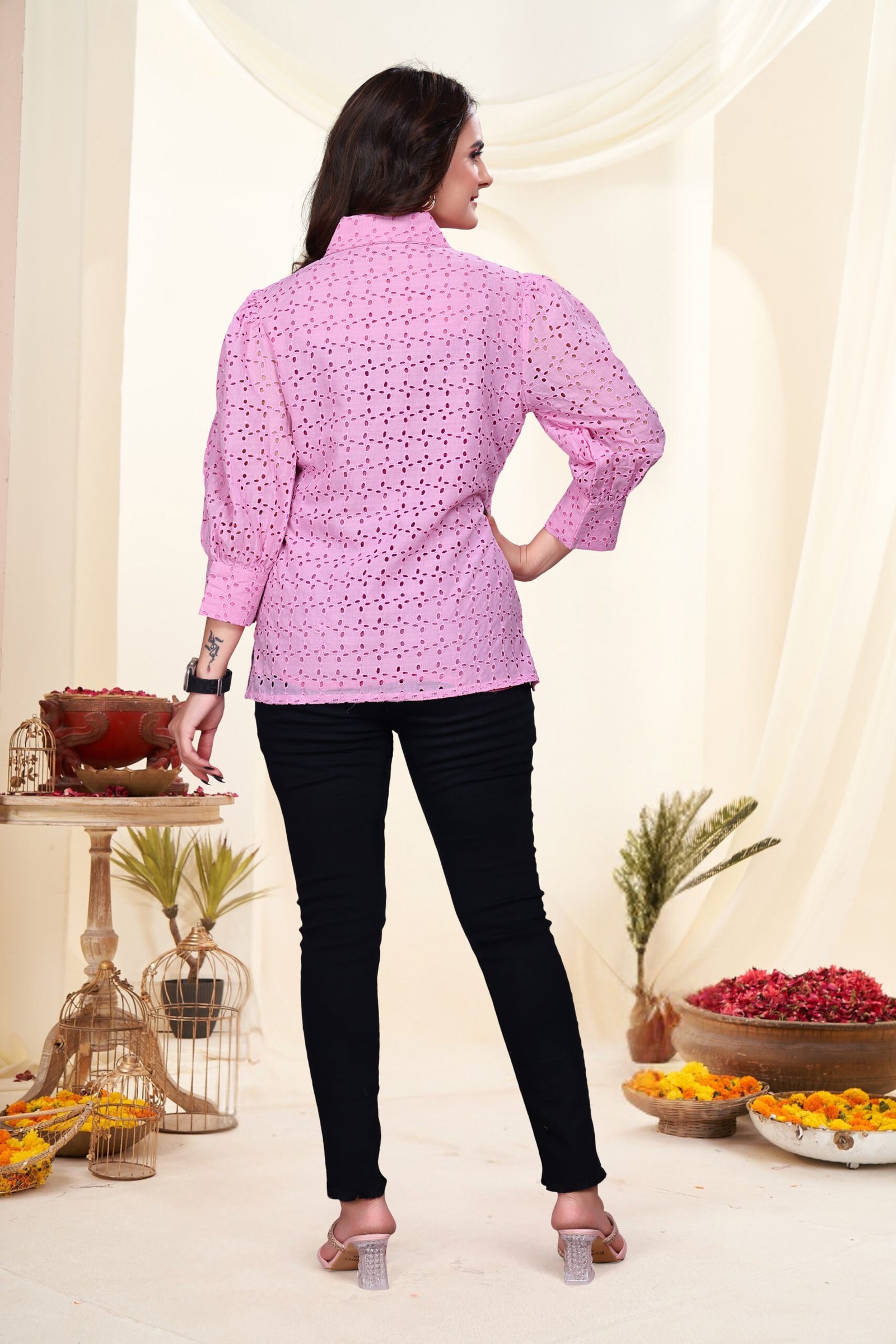390-B-5-scaled-1.jpg Pink Exquisite Poly Cotton Cambric Tunic with Shiffli Embroidery - Image 2