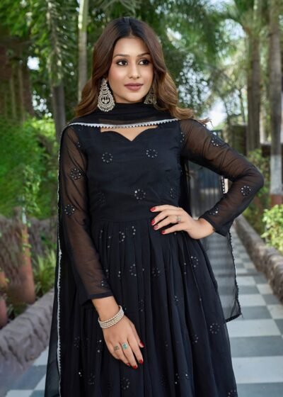 "Aaina" - Exquisite Black Embroidered Georgette Anarkali Gown
