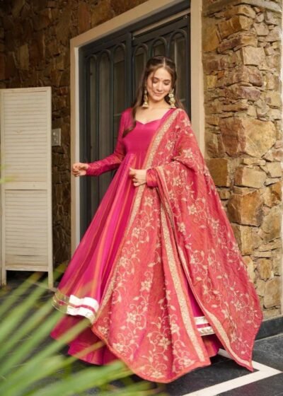 Home Pink Premium Vichitra Blooming Designer Gown with Dupatta – Zari & Sequins Embroidery