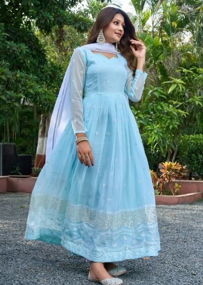 Home "Eagle" - Serene Sky Blue Embroidered Georgette Anarkali Gown