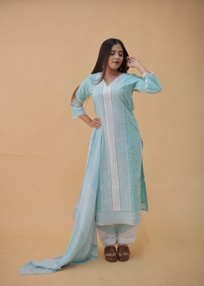 Blue & White Exquisite Cotton Cambric & Maslin Digital Print Kurti Set