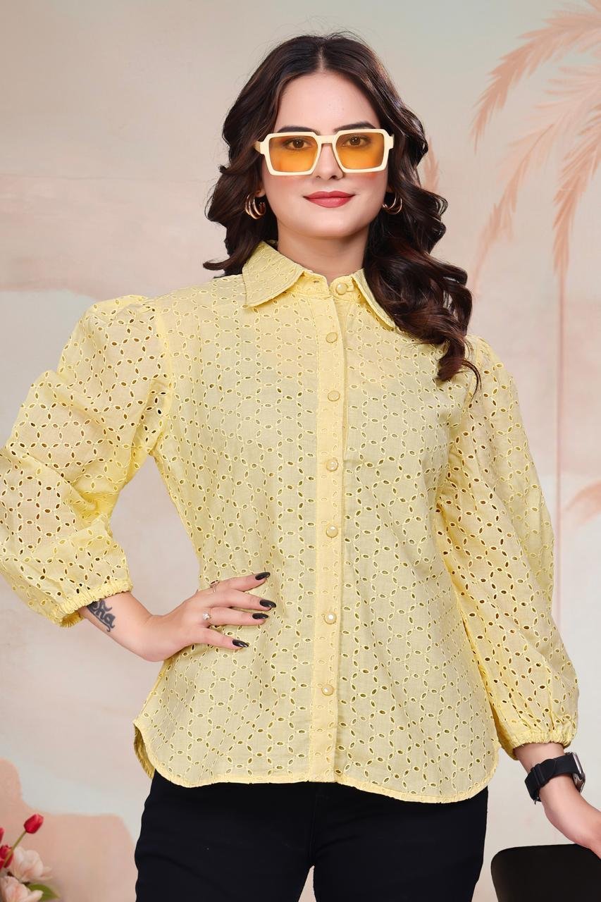 EV24-383_YELLOW-4.jpg Yellow Exquisite Poly Cotton Cambric Tunic with Shiffli Embroidery