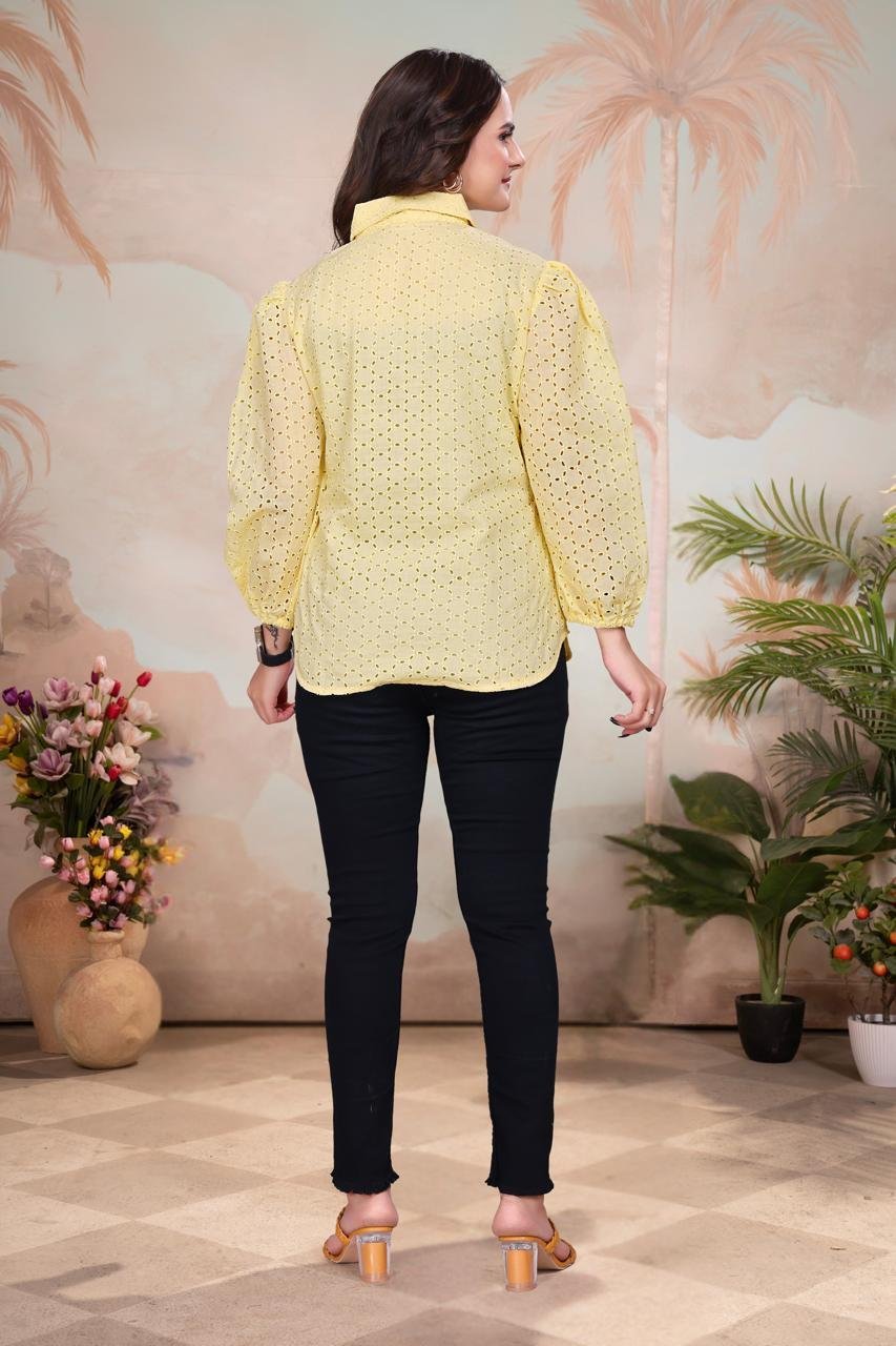 EV24-383_YELLOW-5.jpg Yellow Exquisite Poly Cotton Cambric Tunic with Shiffli Embroidery - Image 2