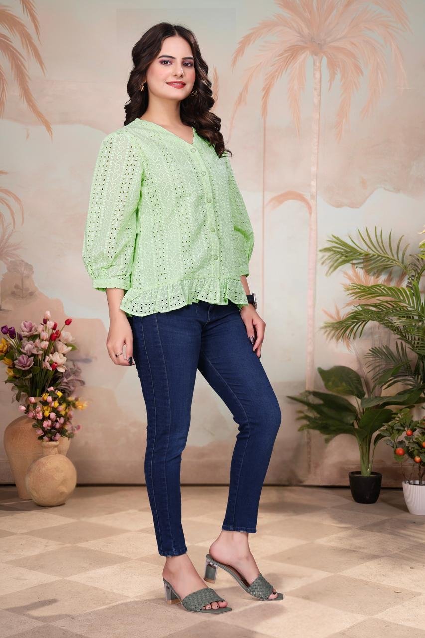 EV24-385_GREEN-2.jpg Light Green Exquisite Poly Cotton Cambric Tunic with Shiffli Embroidery - Image 4