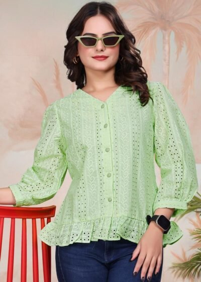 Home Light Green Exquisite Poly Cotton Cambric Tunic with Shiffli Embroidery