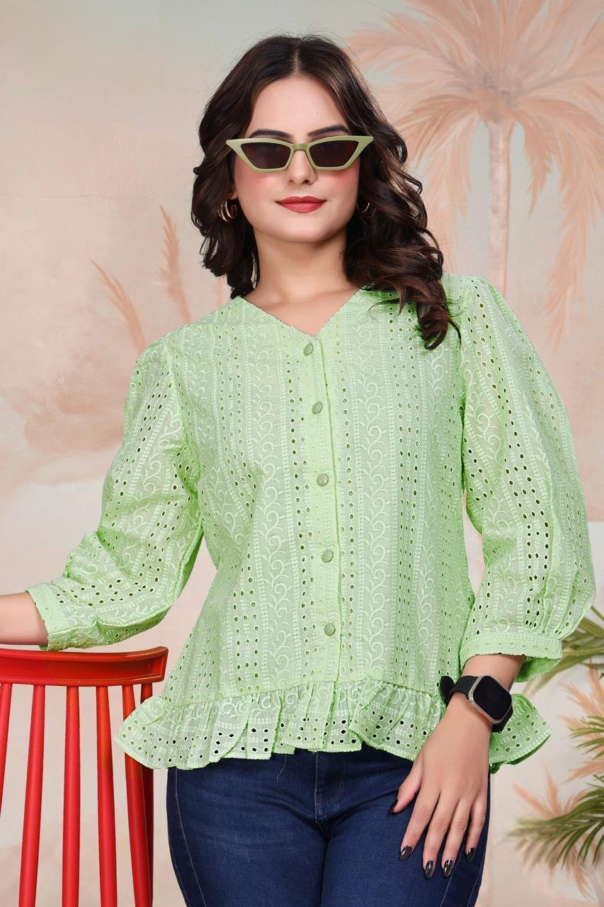 EV24-385_GREEN-4.jpg Light Green Exquisite Poly Cotton Cambric Tunic with Shiffli Embroidery