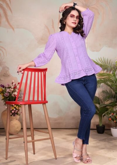 Home Lavender Exquisite Poly Cotton Cambric Tunic with Shiffli Embroidery