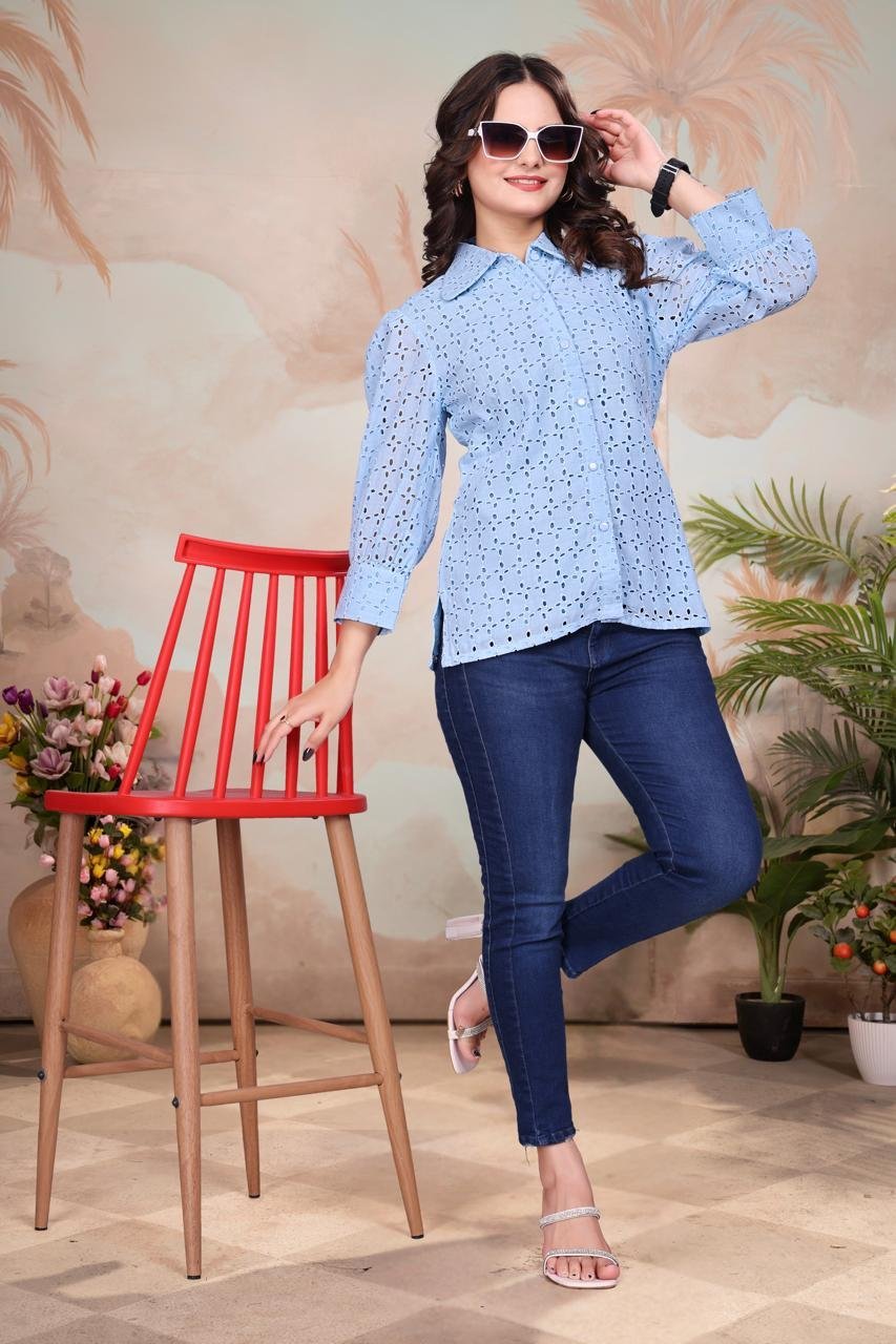 EV24-390_LB-3.jpg Light Blue Exquisite Poly Cotton Cambric Tunic with Shiffli Embroidery (Copy) - Image 3