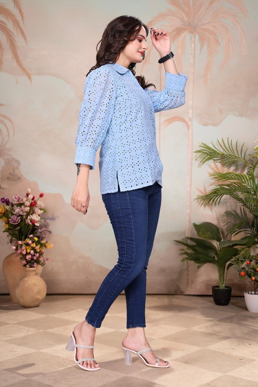 EV24-390_LB-4.jpg Light Blue Exquisite Poly Cotton Cambric Tunic with Shiffli Embroidery (Copy) - Image 5