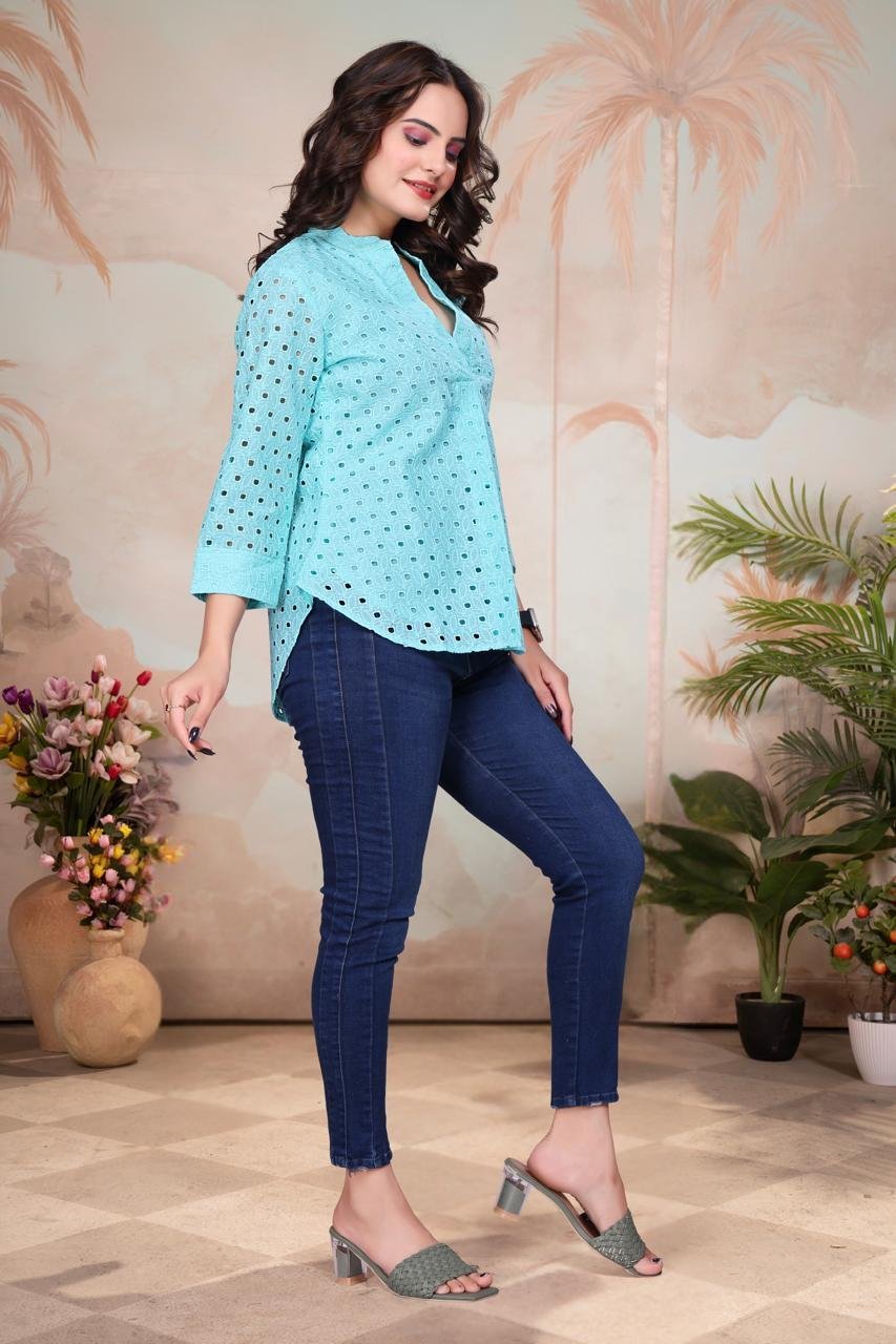 EV24-561_SKY-2.jpg Sky Blue Exquisite Poly Cotton Cambric Tunic with Shiffli Embroidery - Image 5