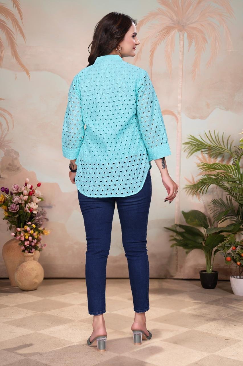 EV24-561_SKY-3.jpg Sky Blue Exquisite Poly Cotton Cambric Tunic with Shiffli Embroidery - Image 2
