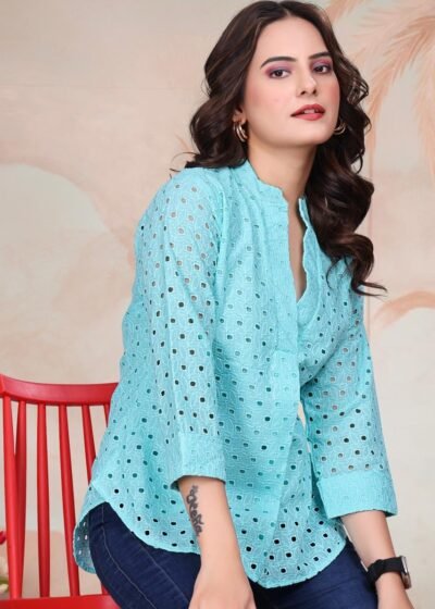 Home Sky Blue Exquisite Poly Cotton Cambric Tunic with Shiffli Embroidery