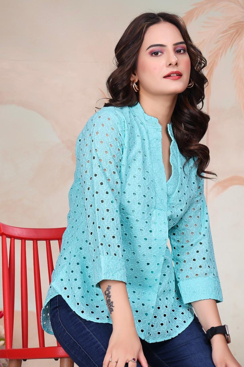 EV24-561_SKY-5.jpg Sky Blue Exquisite Poly Cotton Cambric Tunic with Shiffli Embroidery