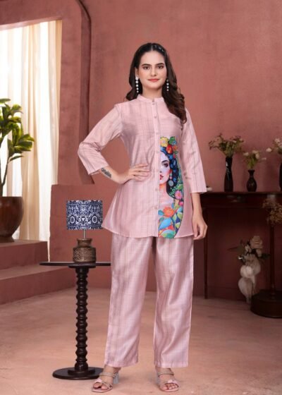 Pink Pearl Blue Premium Digital Printed Co-ord Set By Krazy Thread