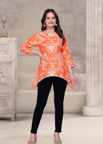 Orange Eva Elegant Cotton Blend Mill Print Kurti with Shiffli Lace Work