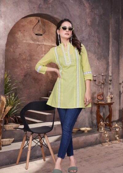 Home Yellow Elegant Cotton Cambric Kurti with Shiffli Lace Work
