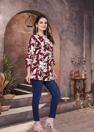 Maroon Elegant Rayon Top with Schiffli Lace Detailing
