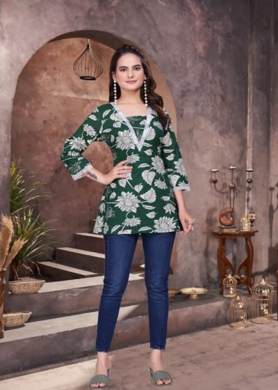 Green Elegant Rayon Top with Schiffli Lace Detailing
