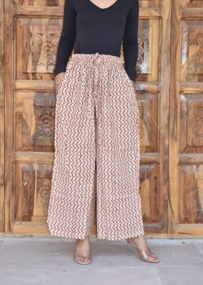 Bagru Hand Block Printed Cotton Palazzo Pants –White & Brown by KrazyThread