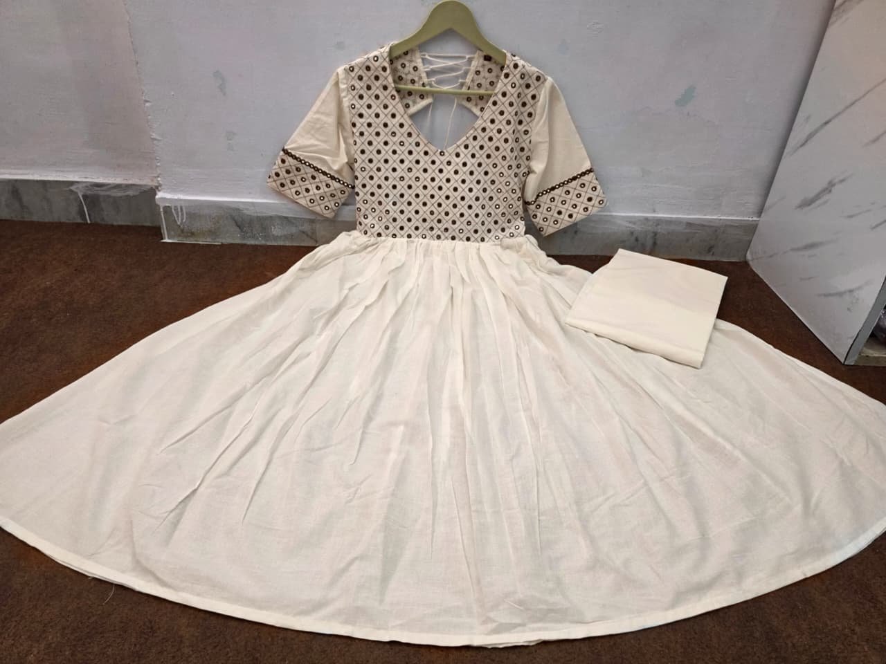 IMG-20250813-WA0066.jpg Warm White Festival Special Mirror Work Cotton Anarkali Suit Set - Image 6