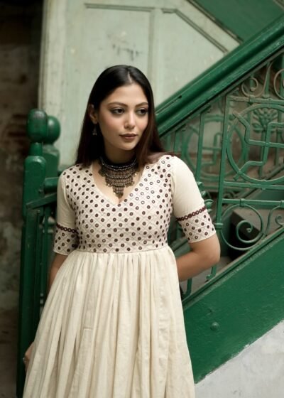 Warm White Festival Special Mirror Work Cotton Anarkali Suit Set