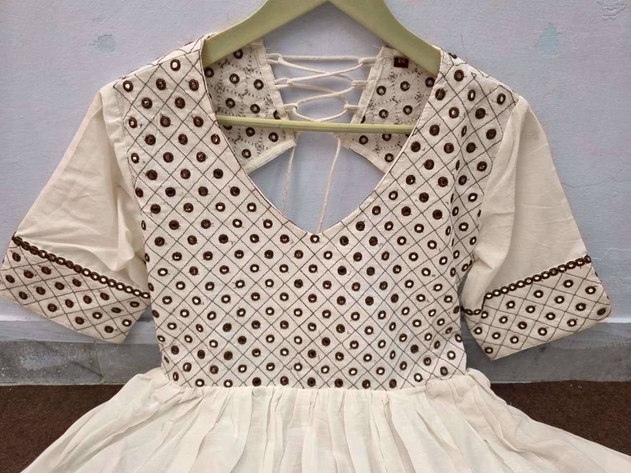 IMG-20250813-WA0071.jpg Warm White Festival Special Mirror Work Cotton Anarkali Suit Set - Image 5