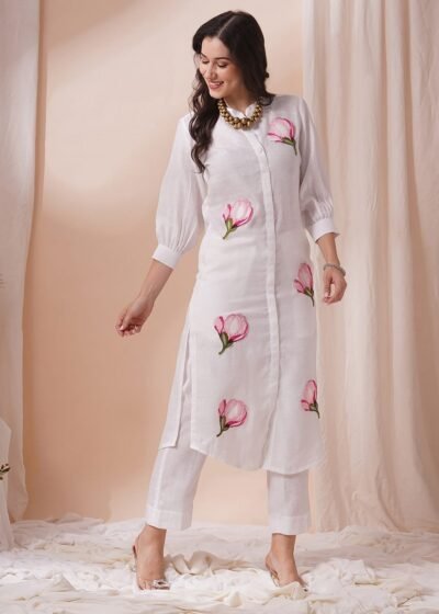 Home Elegant White Floral Shervani Style Kurta Pant Suit Set