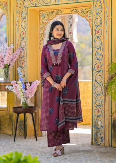 Elegant Heavy Cotton Kurti Pant Set with Sequence Work Dupatta