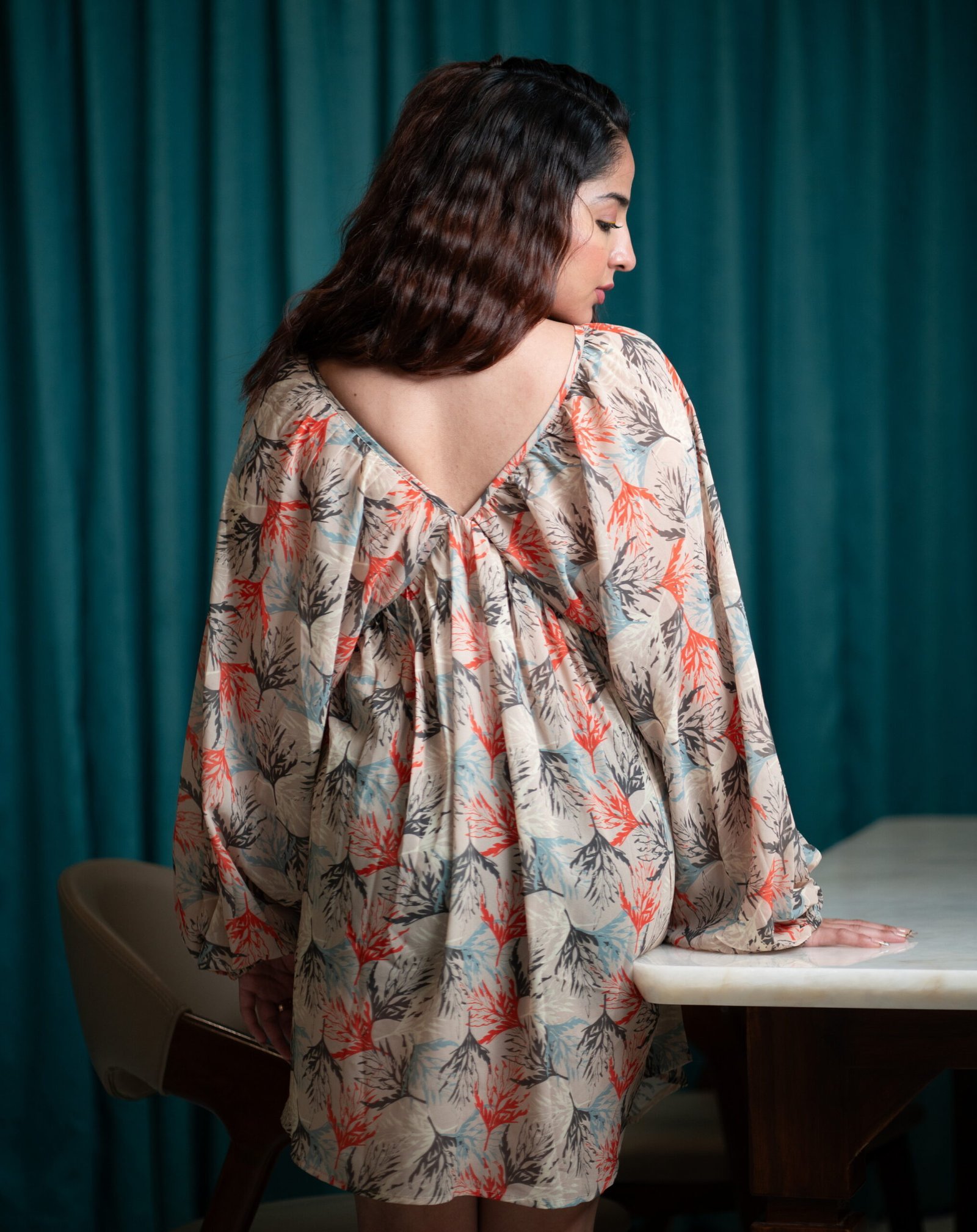 Krazythread-dress-01-26-scaled-1.jpg Puffy Charm Leaf‑Print Dress – Cream - Image 5