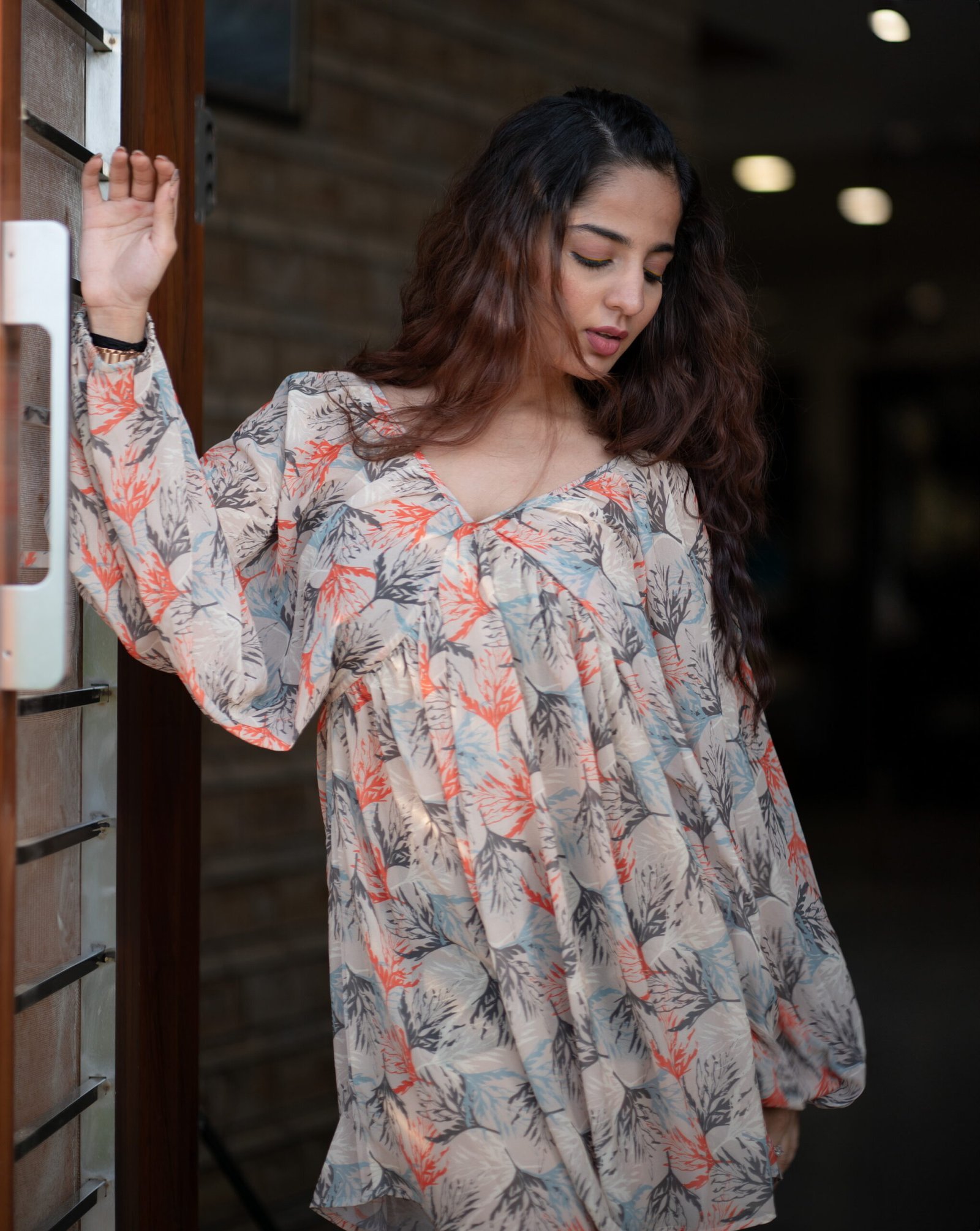 Krazythread-dress-01-28-scaled-1.jpg Puffy Charm Leaf‑Print Dress – Cream - Image 3