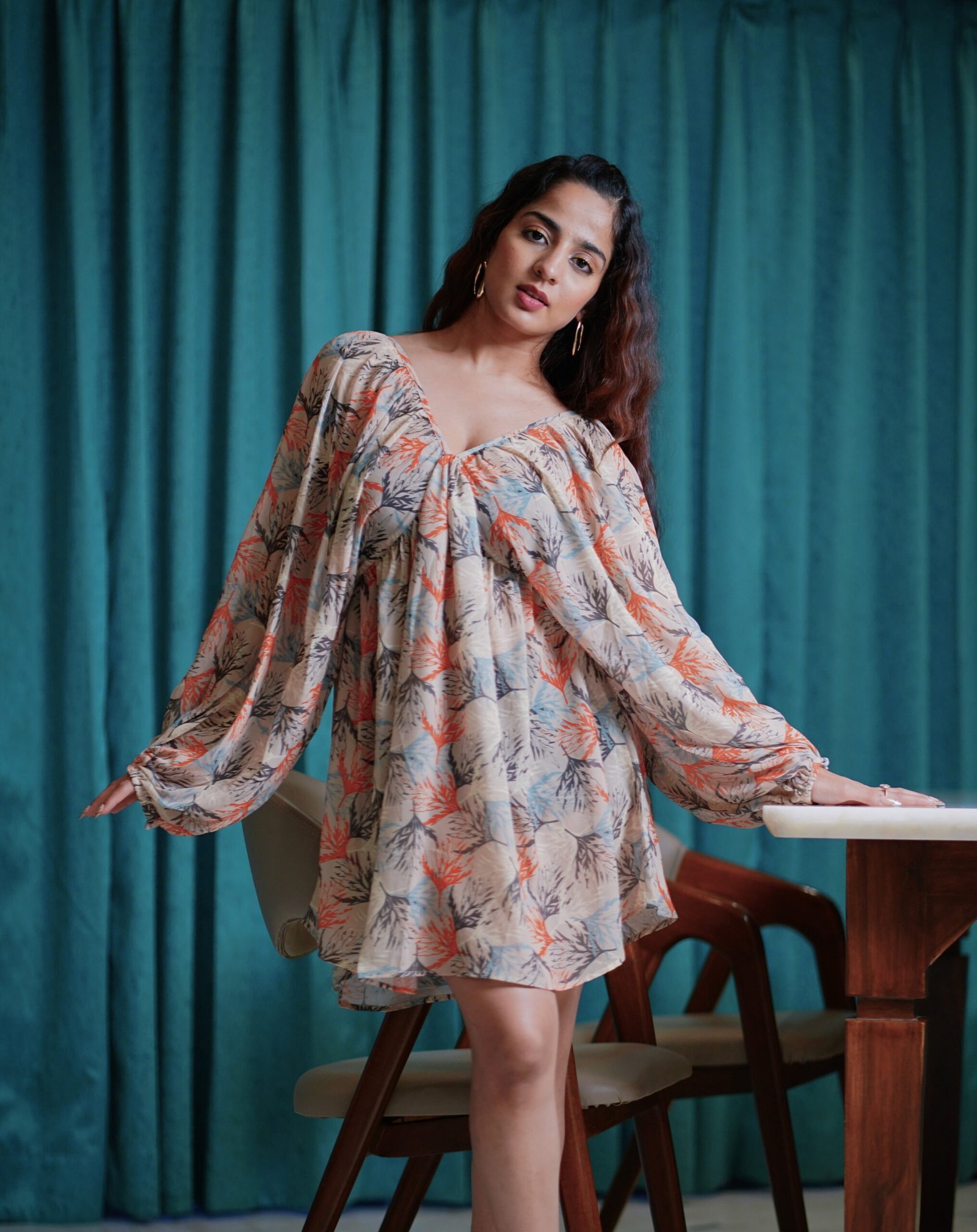 Krazythread-dress-01-30-scaled-1.jpg Puffy Charm Leaf‑Print Dress – Cream - Image 2