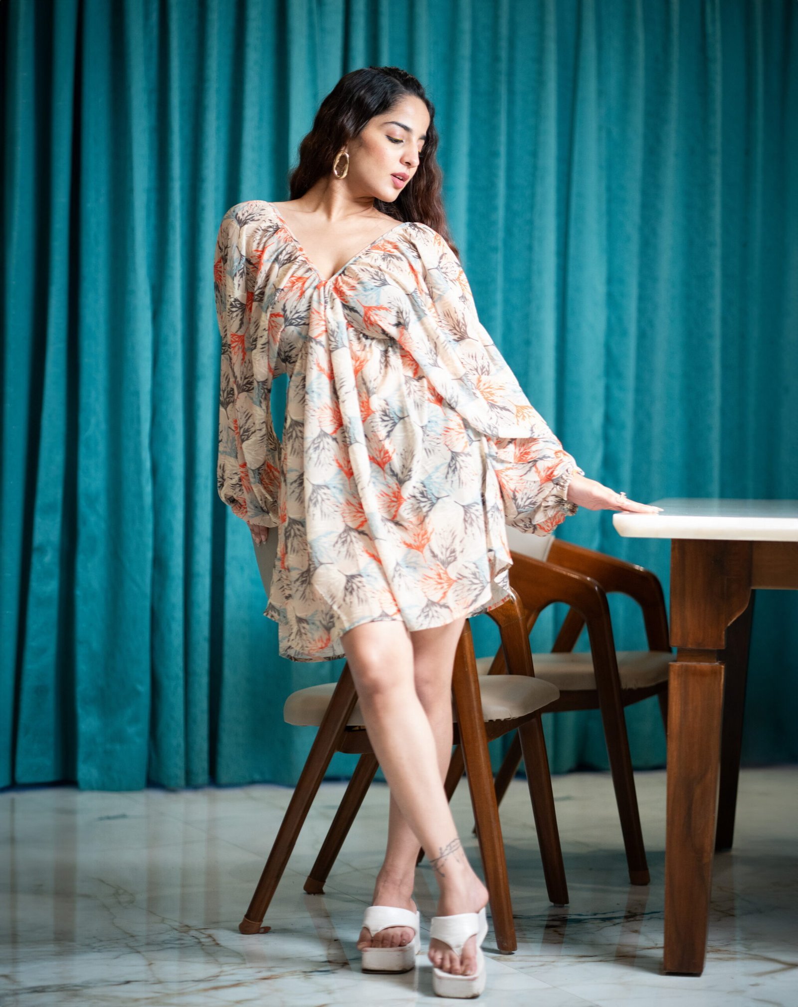 Krazythread-dress-01-31-scaled-1.jpg Puffy Charm Leaf‑Print Dress – Cream