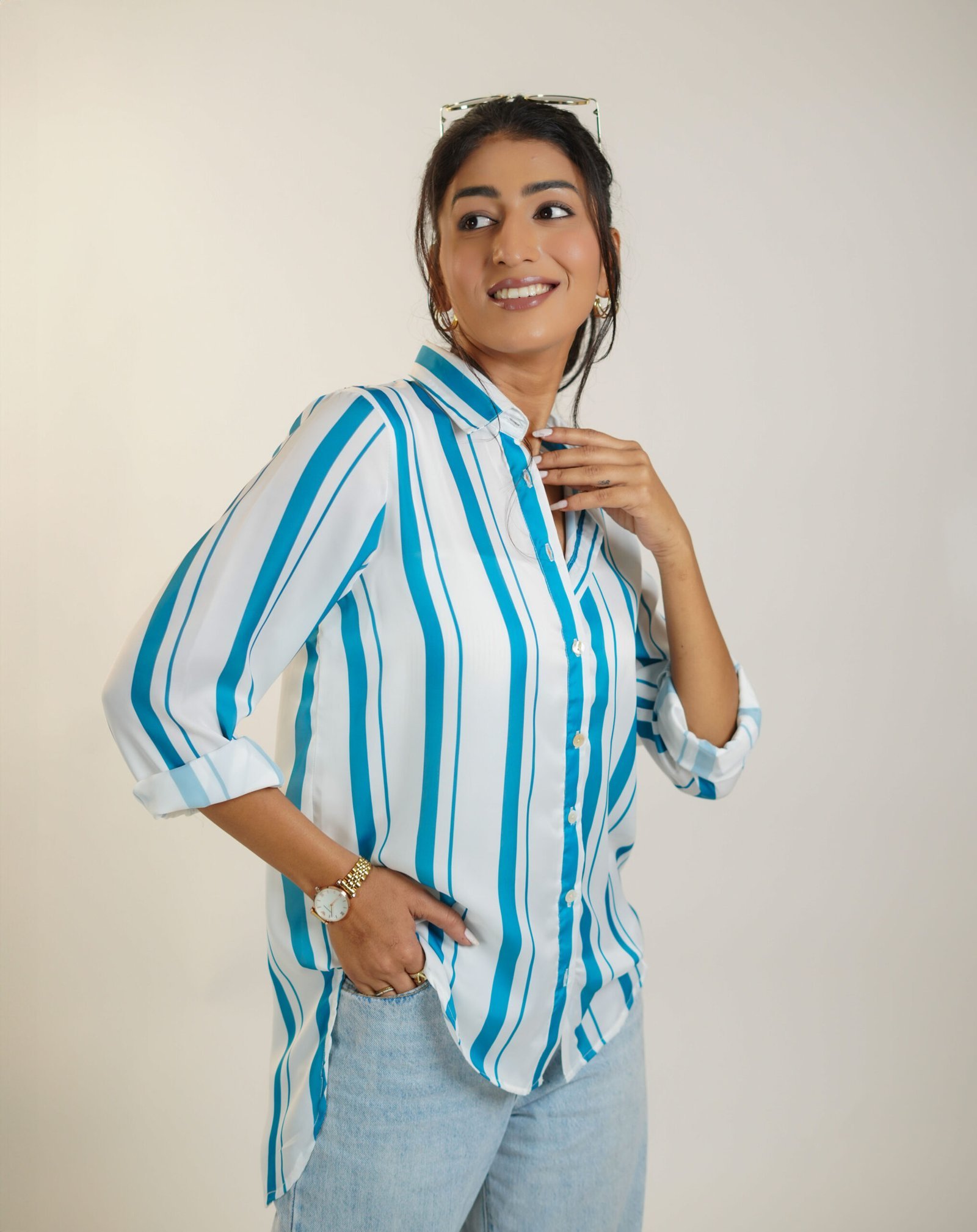 Krazythread-women-blue-satin-striped-shirt-1-scaled-1.jpg Bluesky Breeze Linen Shirt – Blue Striped by KrazyThread - Image 3
