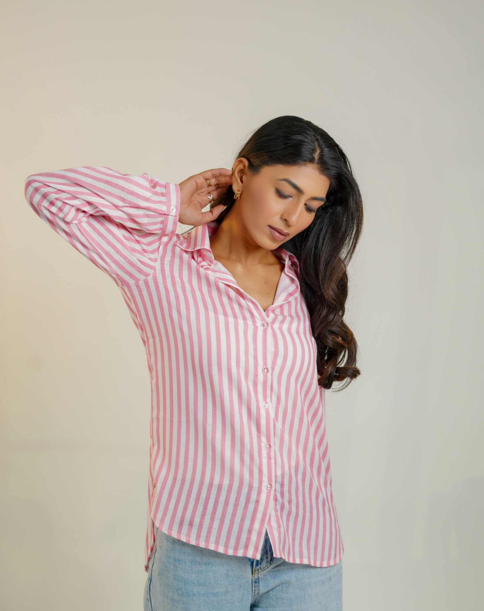 Krazythread-women-blue-satin-striped-shirt-14-scaled-1.jpg Rosewood Breeze Linen Shirt – Pink Striped by KrazyThread - Image 2