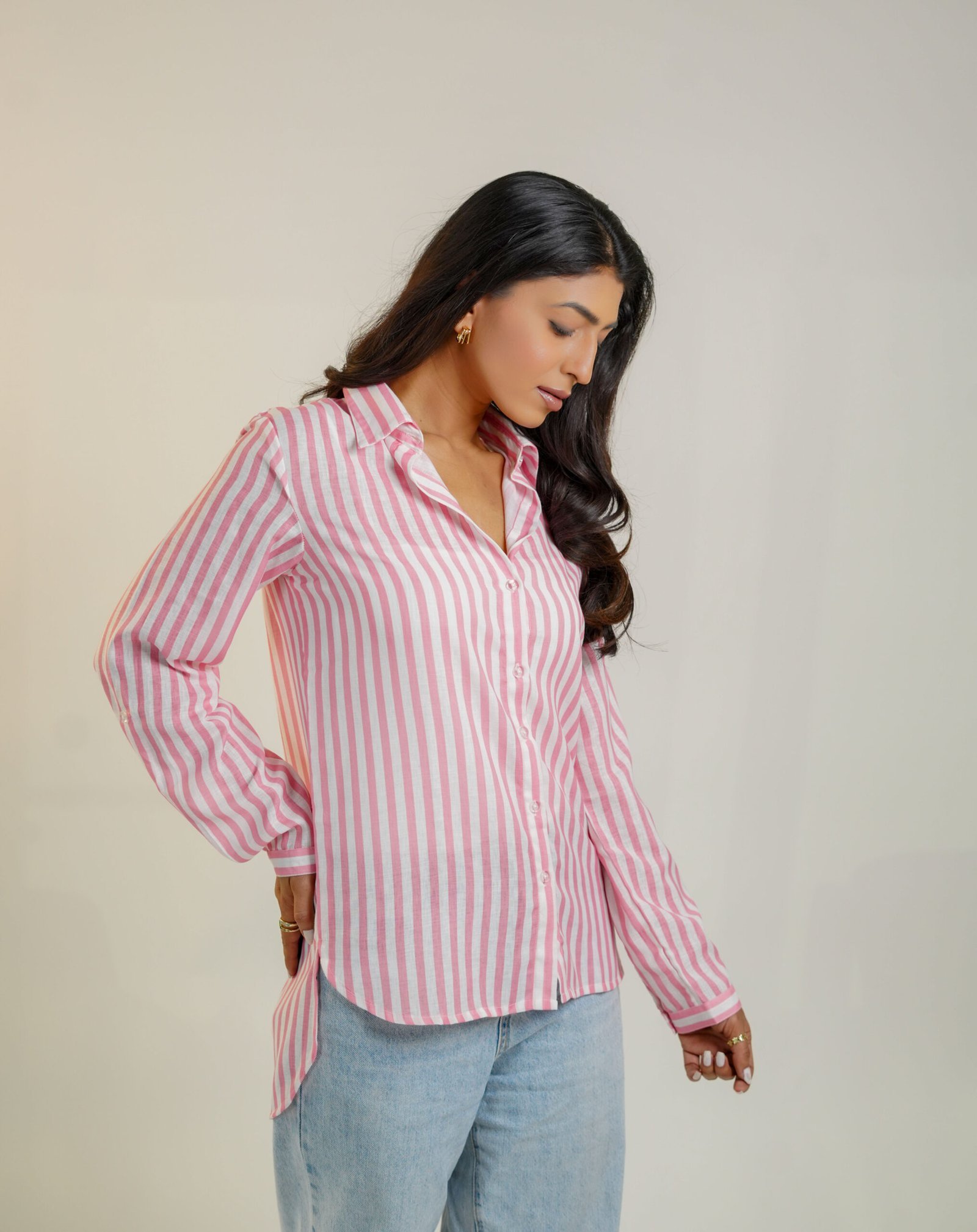 Krazythread-women-blue-satin-striped-shirt-16-scaled-1.jpg Rosewood Breeze Linen Shirt – Pink Striped by KrazyThread - Image 4