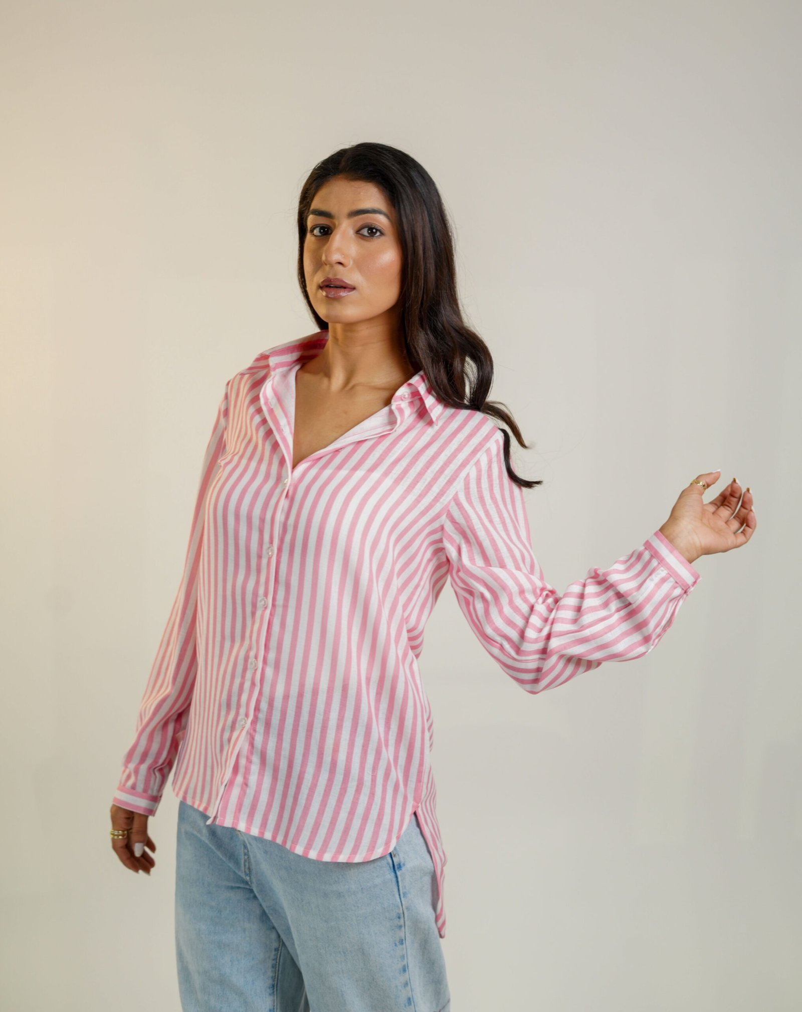 Krazythread-women-blue-satin-striped-shirt-17-scaled-1.jpg Rosewood Breeze Linen Shirt – Pink Striped by KrazyThread - Image 5