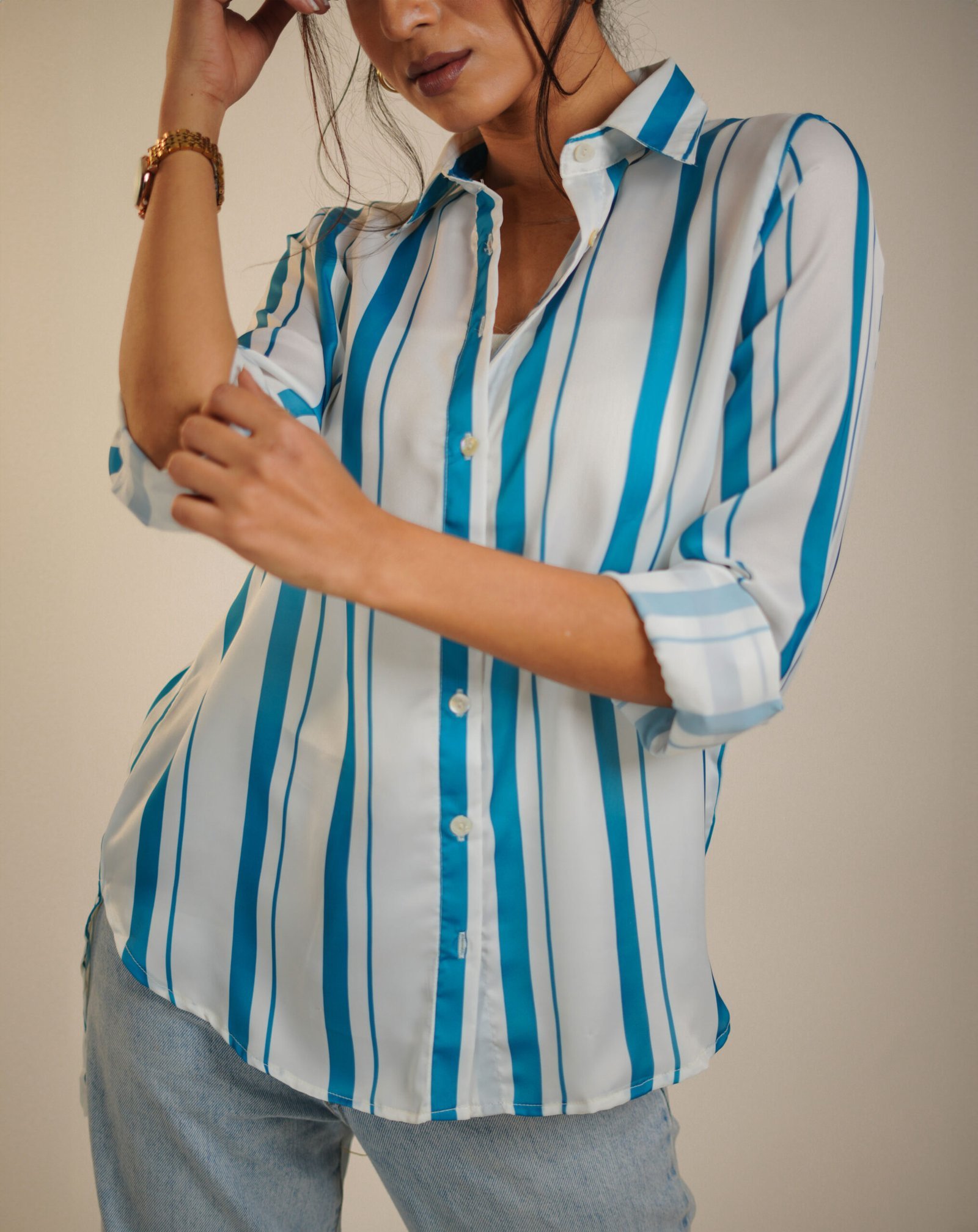 Krazythread-women-blue-satin-striped-shirt-2-scaled-1.jpg Bluesky Breeze Linen Shirt – Blue Striped by KrazyThread - Image 4