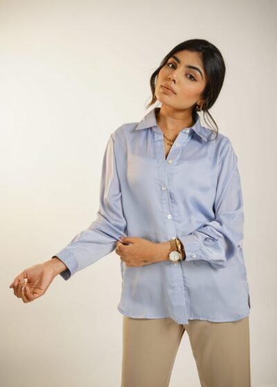 Skyline Satin Button‑Down Shirt – Light Blue by KrazyThread