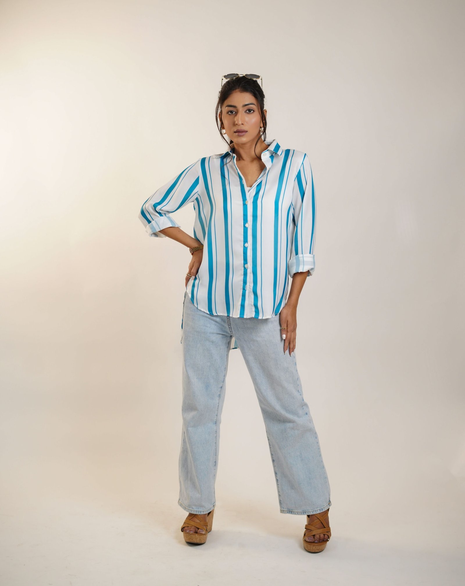 Krazythread-women-blue-satin-striped-shirt-4-scaled-1.jpg Bluesky Breeze Linen Shirt – Blue Striped by KrazyThread - Image 2
