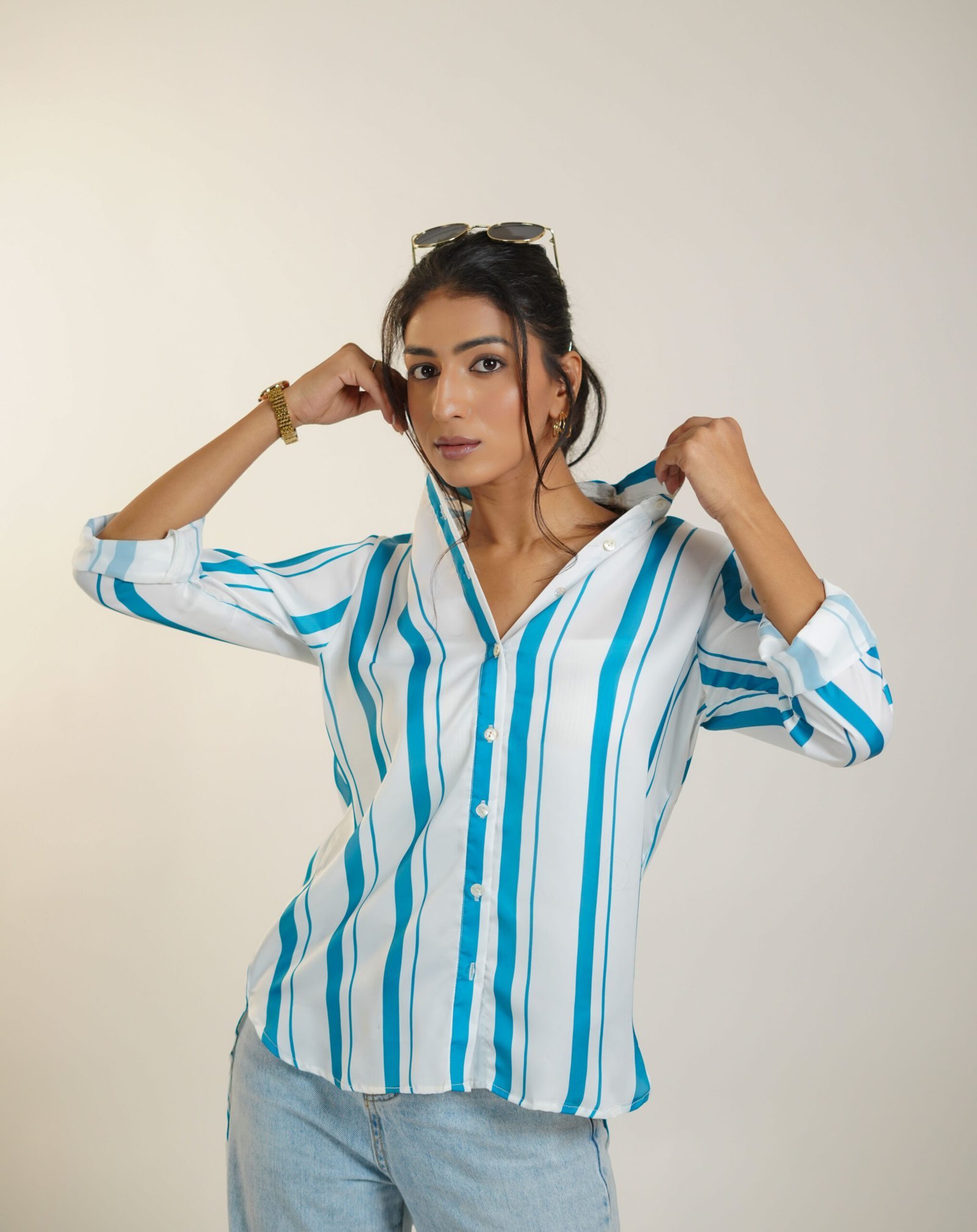 Krazythread-women-blue-satin-striped-shirt-5-scaled-1.jpg Bluesky Breeze Linen Shirt – Blue Striped by KrazyThread