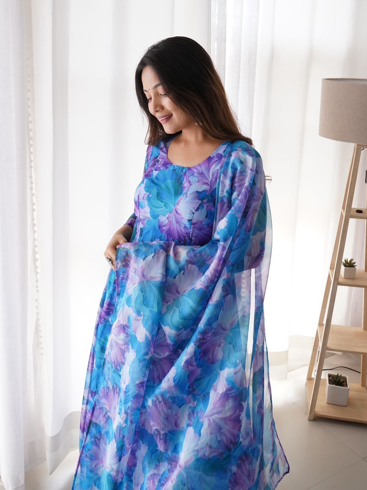 blue1.jpeg "Purple Daisy" - Vibrant Printed Georgette Anarkali Gown with Dupatta - Image 2