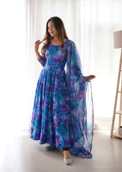 Home "Purple Daisy" - Vibrant Printed Georgette Anarkali Gown with Dupatta