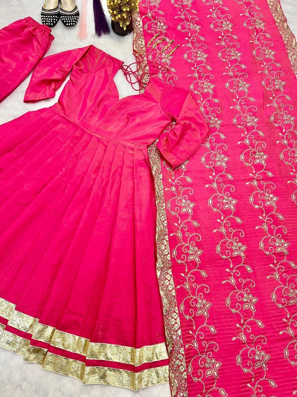 cd829cd5-bf61-4cc1-bc4b-946c31f57ca2.jpg Pink Premium Vichitra Blooming Designer Gown with Dupatta – Zari & Sequins Embroidery - Image 2